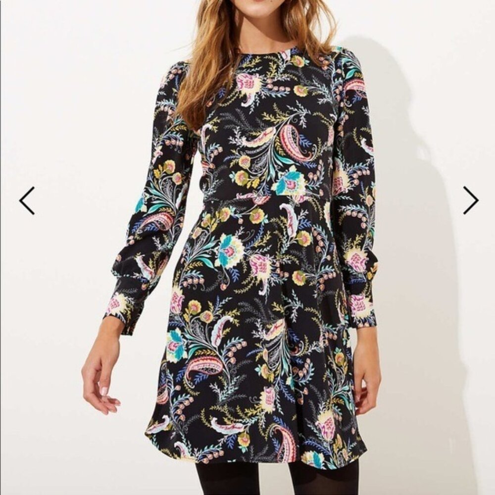 Ann Taylor LOFT Black Paisley Floral Flare Dress size 10
